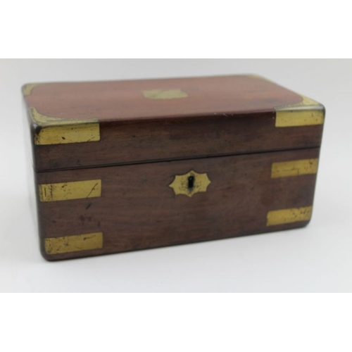 177 - A 19th century mahogany box with brass bands protective corners to the hinged lid, and inset a blind... 