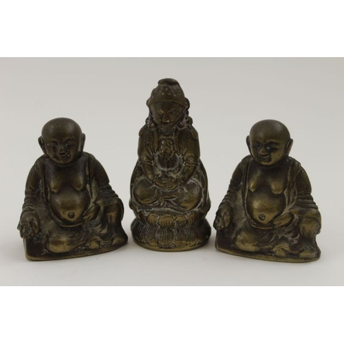 178 - Three 19th century cast brass Eastern Deities / Buddhas, each raised upon wooden plinth bases, the t... 