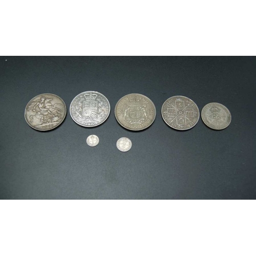 481 - A quantity of GB coins, includes; three crowns 1844, 1895, 1937, a double florin 1889, a 2 shilling ... 