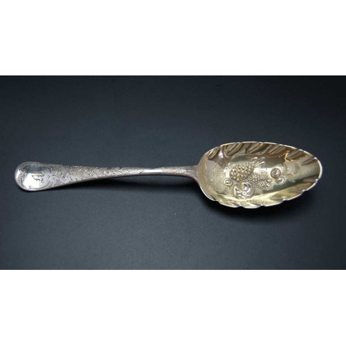 53 - Ebenezer Coker, a set of six George II berry spoons, Victorian embossed,  London 1746, 420g