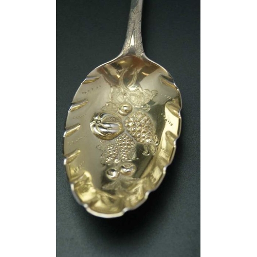 53 - Ebenezer Coker, a set of six George II berry spoons, Victorian embossed,  London 1746, 420g