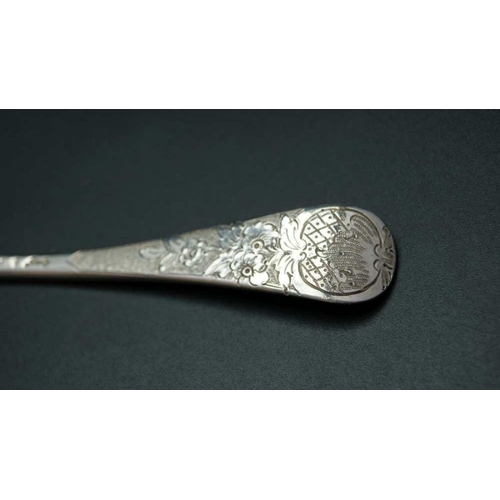 53 - Ebenezer Coker, a set of six George II berry spoons, Victorian embossed,  London 1746, 420g