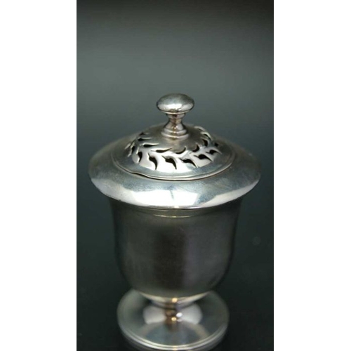 79 - Charles Fox, an early Victorian silver pounce pot, of vase form, with pierced cover on circular plat... 