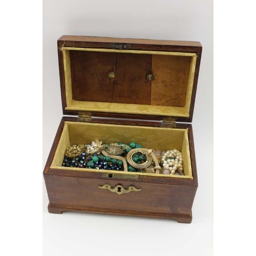 108 - A 19th century mahogany box, contains items of costume jewellery including a cultural pearl necklace... 