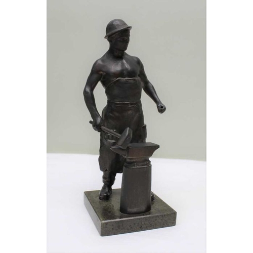 113 - A pair of spelter workmen, a blacksmith and a founder, on polished stone bases, 26cm high, c.1900