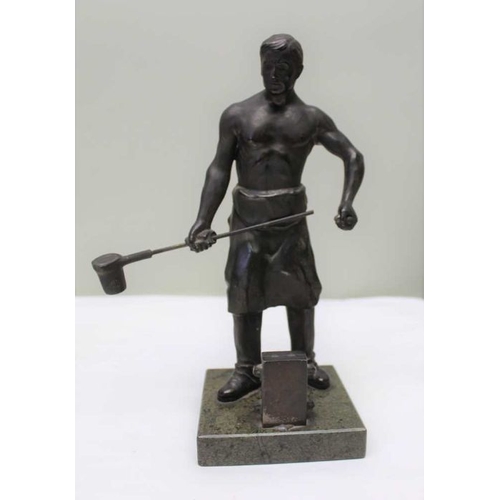 113 - A pair of spelter workmen, a blacksmith and a founder, on polished stone bases, 26cm high, c.1900