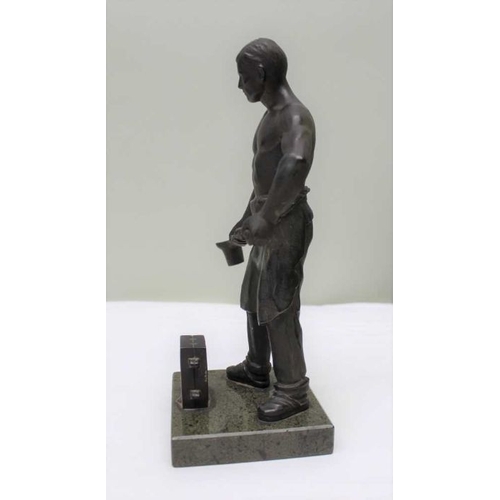 113 - A pair of spelter workmen, a blacksmith and a founder, on polished stone bases, 26cm high, c.1900