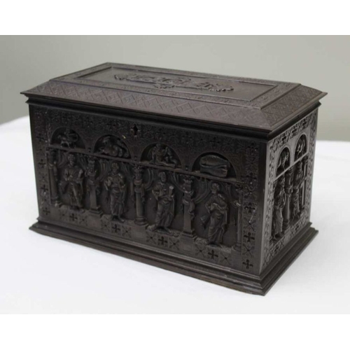 120 - A Gothic design cast iron table casket, figure decoration, the hinged lid reveals a blue fabric upho... 