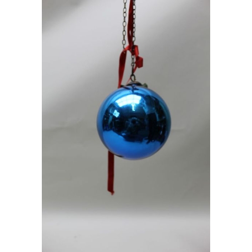 130 - A 19th century blue glass witch ball on a chain, approx. 15cm