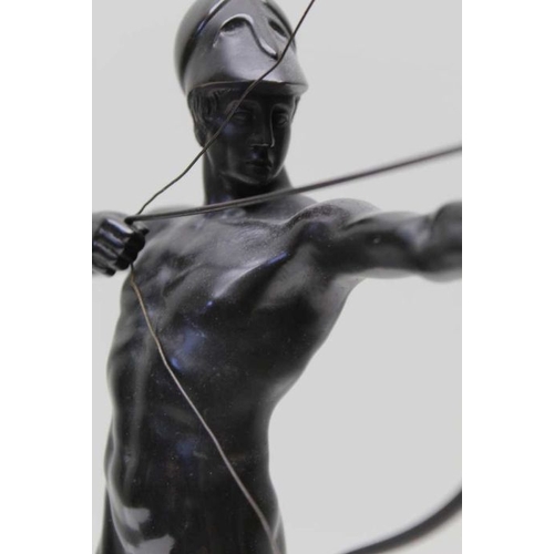 133 - After the Antique, a bronze of Classical archer, on polished marble base, 35cm (to top of bow)