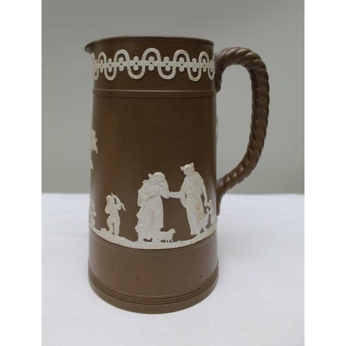 163 - An Adams late 19th century ceramic jug, decorated with moulded bacchanalian, with hinged metal lid. ... 