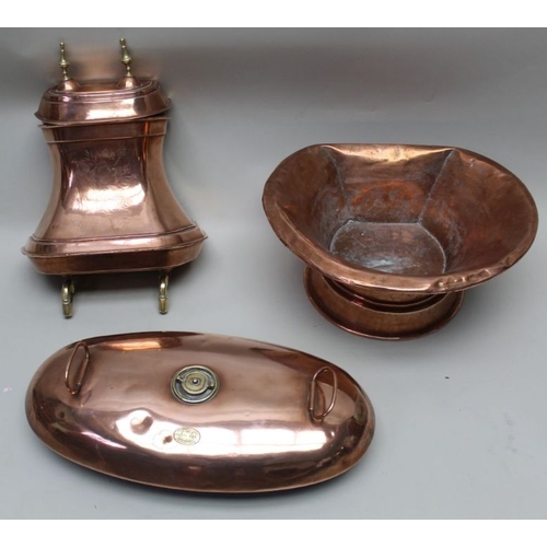 174 - A quantity of antique copper, foot warmer, hot water bowl, tap and cistern