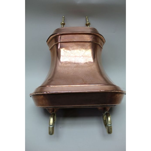 174 - A quantity of antique copper, foot warmer, hot water bowl, tap and cistern