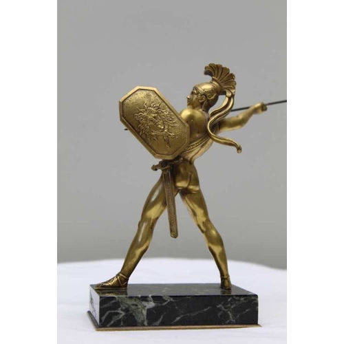 189 - A gilt bronze statue after the Antique, of a gladiator with shield and spear, on polished marble bas... 