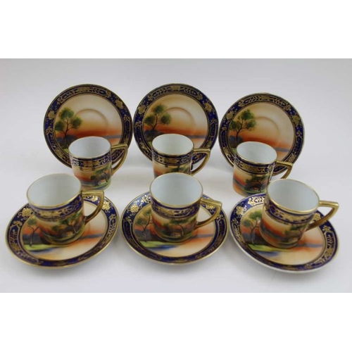 206 - A Noritake ceramic coffee set for six, hand painted sunset river landscape decoration, gilded, compr... 