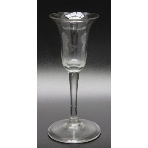 212 - An 18th century plain stem glass, circa 1750 folded foot, partially polished, an 18th century engrav... 