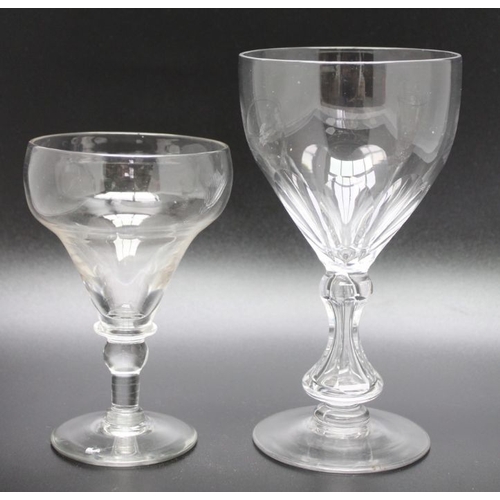 222 - A pair of Georgian pan top rummers circa 1825 with a large Victorian wine glass circa 1860 and a Reg... 