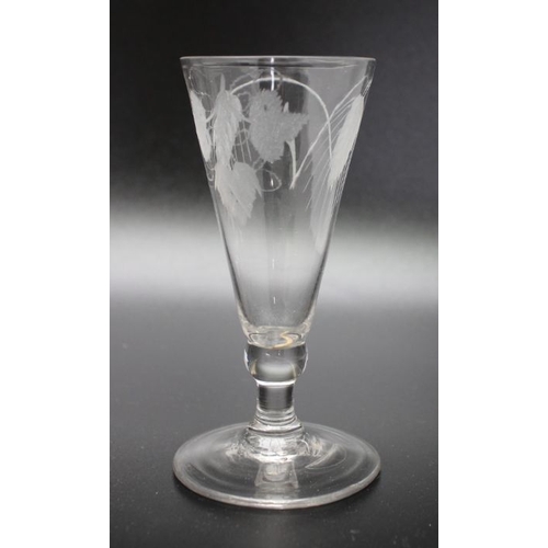 224 - A trio of 18th century glass to include a late 18th century short Ale engraved with hops and barley,... 