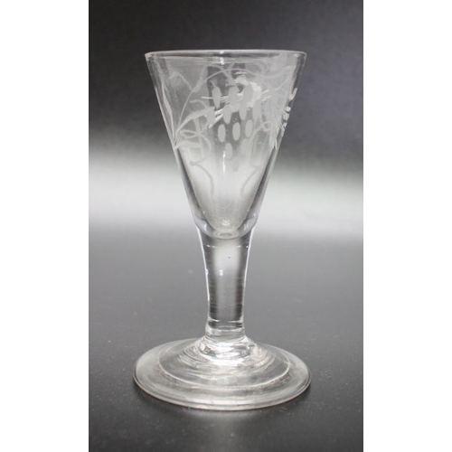 224 - A trio of 18th century glass to include a late 18th century short Ale engraved with hops and barley,... 