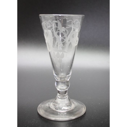 224 - A trio of 18th century glass to include a late 18th century short Ale engraved with hops and barley,... 