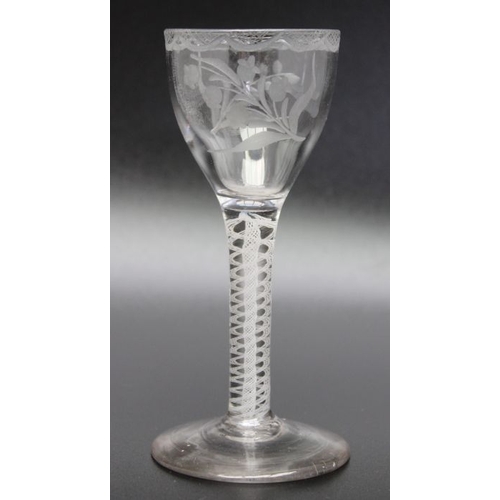 225 - An 18th century opaque twist glass with engraved cordial circa 1770, a large 18th century opaque twi... 