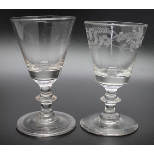 232 - A collection of five dram glasses to include an 18th century engraved bucket bowl, an 18th century f... 