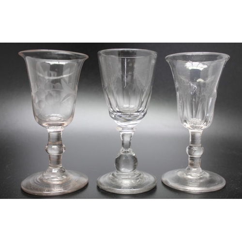 232 - A collection of five dram glasses to include an 18th century engraved bucket bowl, an 18th century f... 