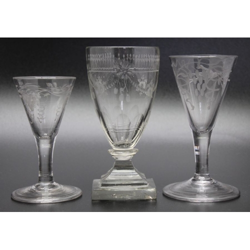 234 - A selection of five glasses to include a Georgian small engraved rummer c.1800, an 18th century engr... 