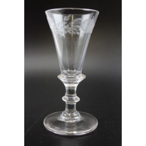 248 - A collection of three various glasses, includes an 18th century spirit glass, with engraved bowl and... 