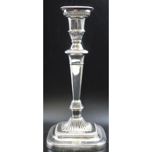 31 - A pair of Victorian silver plated candlesticks, Adam design with gadroon borders, and removable drip... 