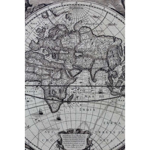 310 - A reproduction World map, printed on canvas, after one of 1630, with text, pinned into a pine frame,... 