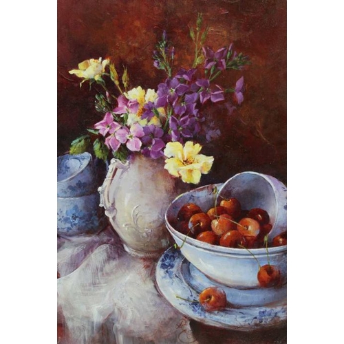 321 - Monogrammed indistinctly, Still Life of flowers in a jug, cherries in a bowl on a table top, oil on ... 