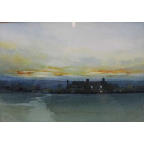 322 - A Martin Caulkin watercolour study of a homestead at sunset. 18 x 27 cm, signed in decorative double... 