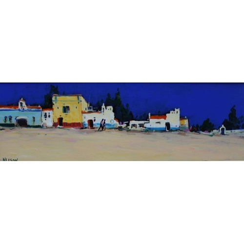 329 - Allan Nelson, 'Portuguese Houses', painting on canvas, framed, signed with certificate (Size 19cm x5... 