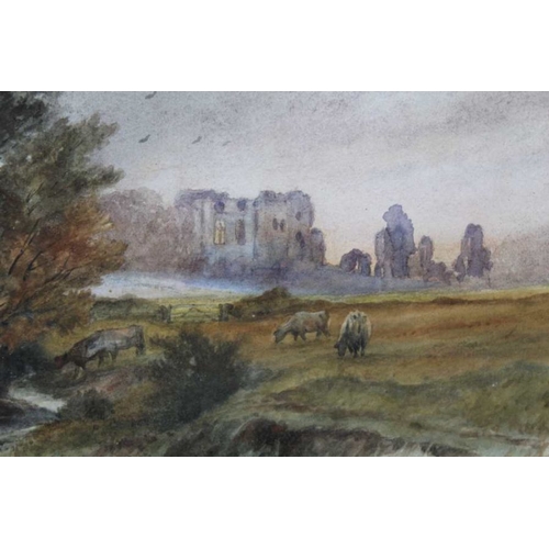 337 - Herbert Edward Cox, late 19th century study of Kenilworth castle with cattle in the foreground, a wa... 