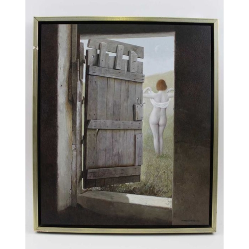 341 - Don Clarke (1932-2012), 'Summer 99', view through a barn door of a lady undressing, oil painting on ... 