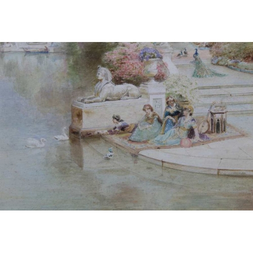 348 - E Wake Cook, Romantic Classical River scene, people & swans, a watercolour, 37cm x 55cm, signed & gl... 