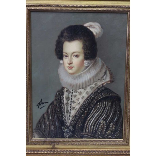 352 - Reproduction portait 'Queen Isabella', oil on board, 29cm x 39cm indistinctly signed, in moulded gil... 