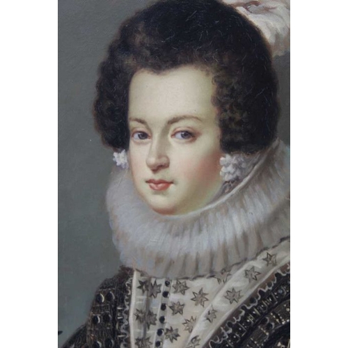 352 - Reproduction portait 'Queen Isabella', oil on board, 29cm x 39cm indistinctly signed, in moulded gil... 