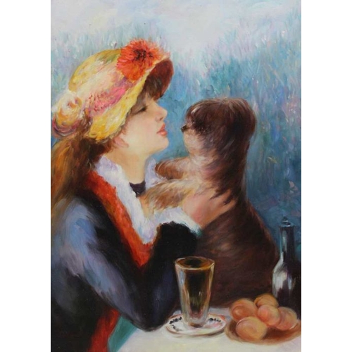 359 - Copy of 'Girl with Dog' after Renoir, oil on canvas, 51cm x 62cm in beaded gilt frame