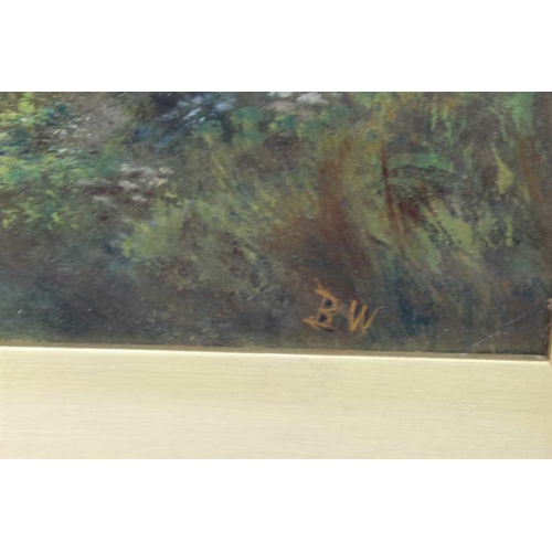 360 - Bertha Wegman, figure & donkey on a coastal road, oil on board, 32cm x 60cm initialled, glazed in gi... 