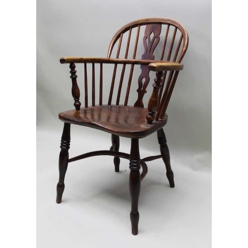 382 - A 19th century provincial open armchair, ash & elm, low hoop back with pierced splat, turned support... 