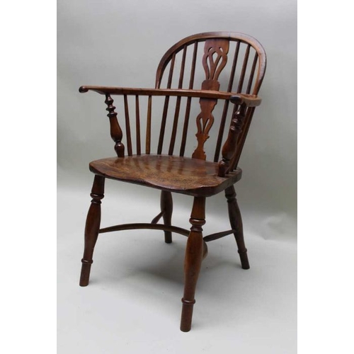 383 - A 19th century provincial open armchair, yew & elm, low hoop back with pierced splat, turned support... 