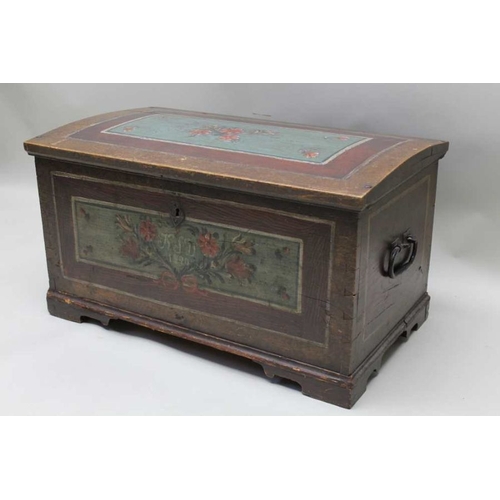 389 - A 19th century European painted pine coffer, hinged lid, the front and sides with moulded panels, ha... 