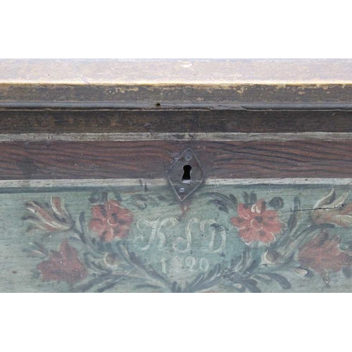 389 - A 19th century European painted pine coffer, hinged lid, the front and sides with moulded panels, ha... 