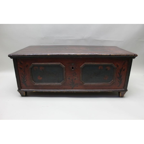 389 - A 19th century European painted pine coffer, hinged lid, the front and sides with moulded panels, ha... 