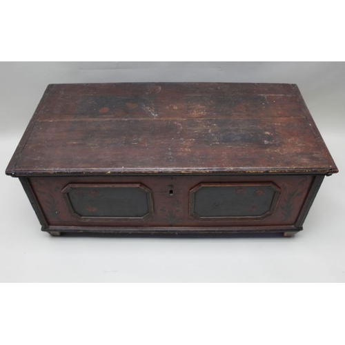 389 - A 19th century European painted pine coffer, hinged lid, the front and sides with moulded panels, ha... 