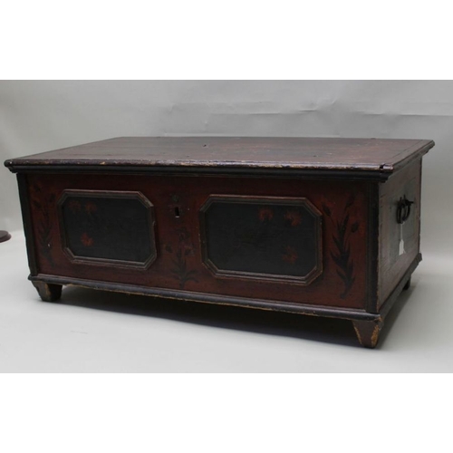 389 - A 19th century European painted pine coffer, hinged lid, the front and sides with moulded panels, ha... 