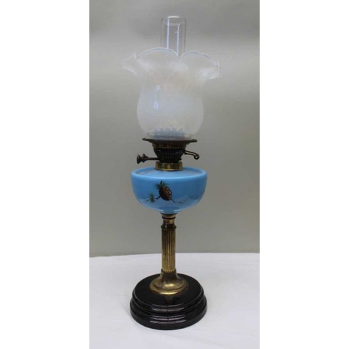 392 - A late Victorian oil lamp, blue glass reservoir with pine cone decoration, having fluted rim, opalin... 