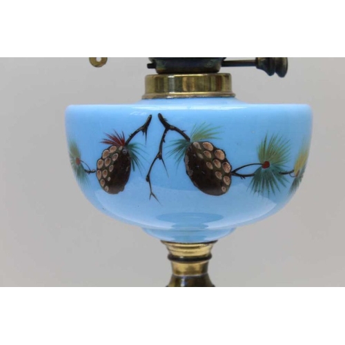 392 - A late Victorian oil lamp, blue glass reservoir with pine cone decoration, having fluted rim, opalin... 